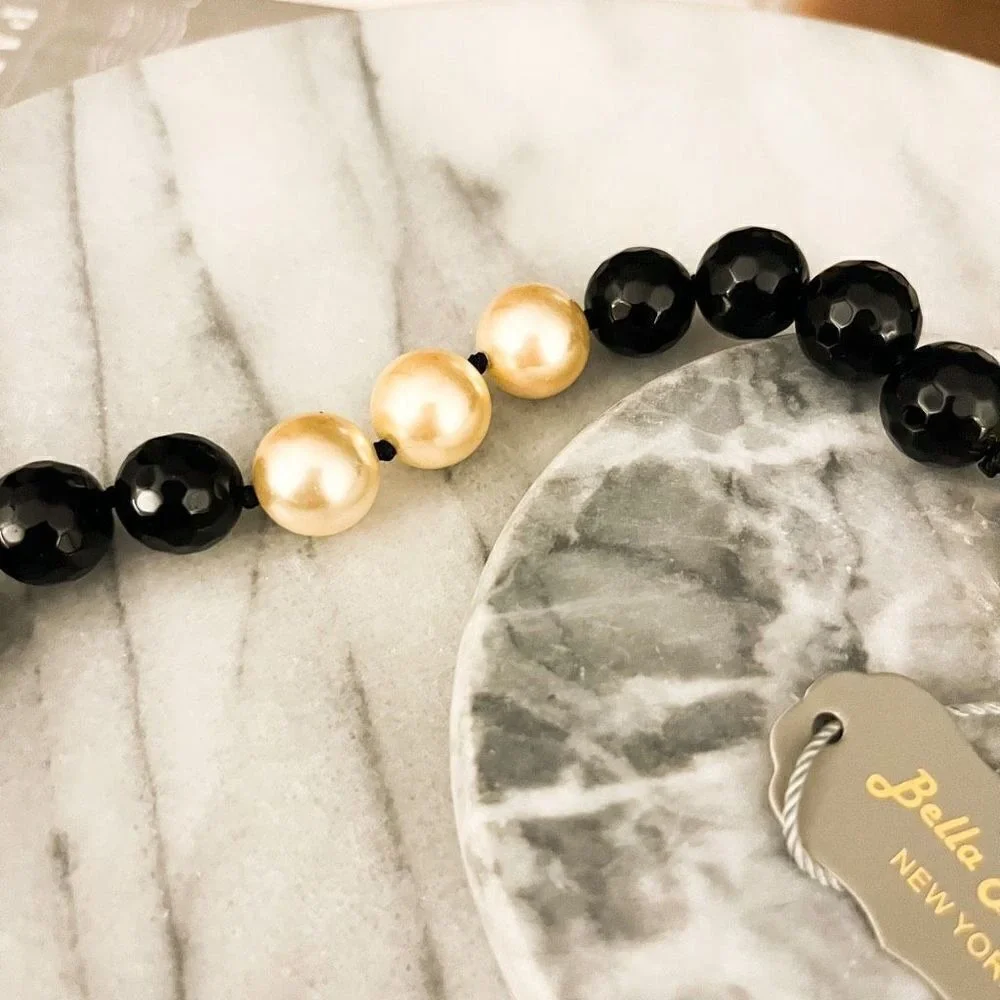 Bella Pietra Black Onyx Beaded Necklace | Pearl Accent‎ Crystal Clasp | NWT